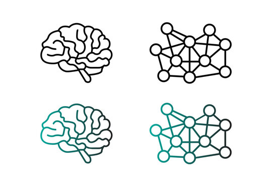 The image shows a 2x2 grid of minimalist line-art icons on a white background, representing human and artificial intelligence.