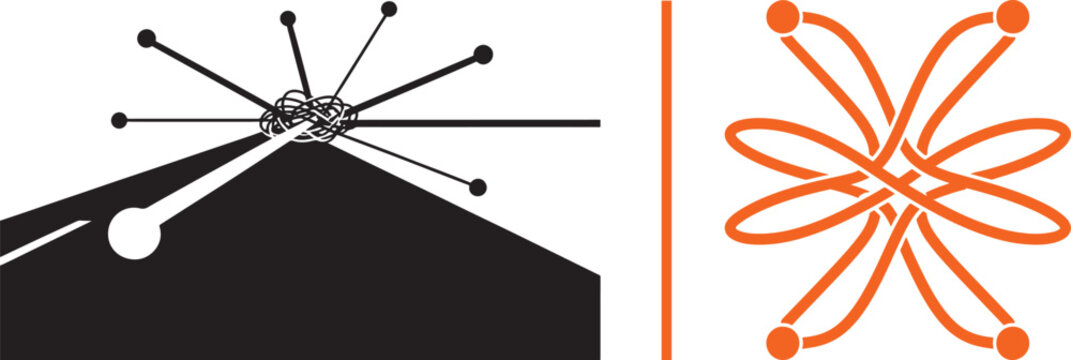 Abstract vector icons showing a path leading to a tangled knot and a symmetrical orange interwoven loop network