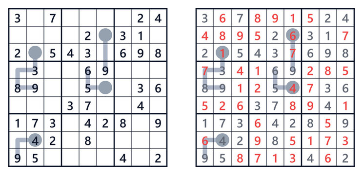Sudoku thermo puzzle with answers showcasing completed and incomplete grids  