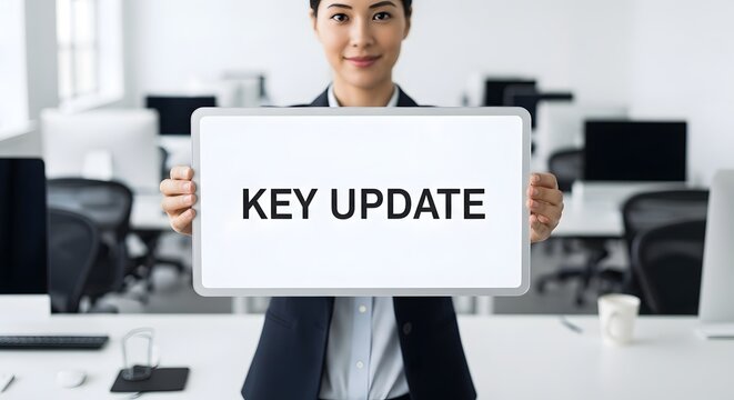 A woman holding a whiteboard with KEY UPDATE written on it in an office setting, conveying a message of important information.