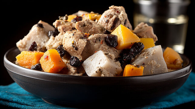 Bowl of hearty stew featuring chunks of cooked meat and diced sweet potatoes