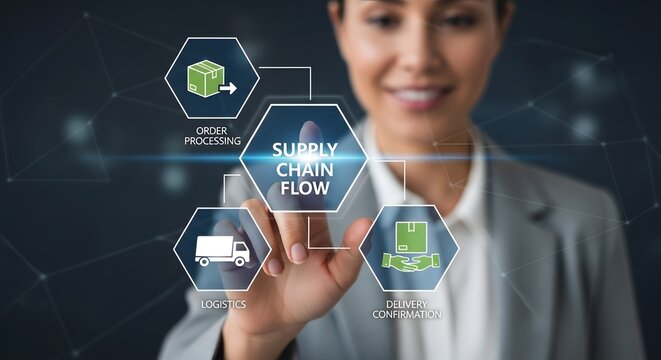 A business woman interacting with a digital display about supply chain flow for the concept of logistics and management.