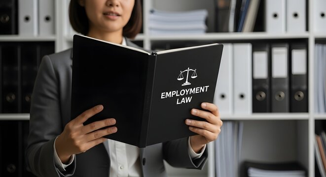 A woman reads an employment law book in front of bookshelves for the concept of legal profession and employment right.
