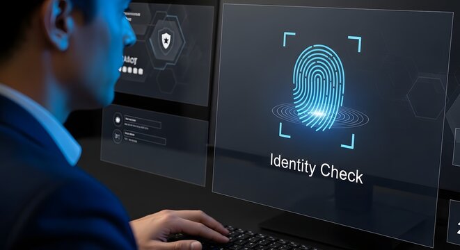 Man undergoing an identity check using a fingerprint scanner, symbolizing biometric security and digital authentication.