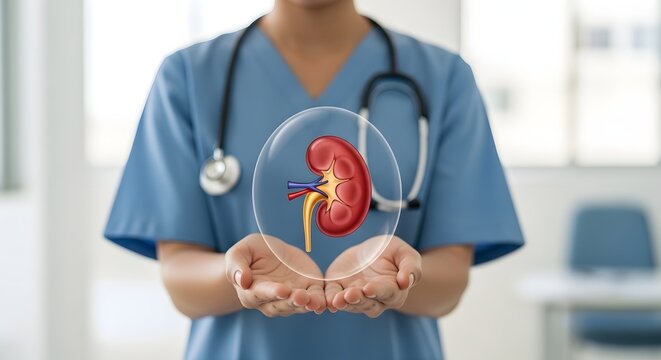 Medical professional holding a human kidney in a holographic bubble, representing health and science.