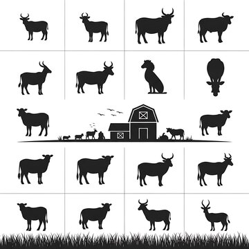 Grid of Farm Animal Silhouettes with Barn and Grass.