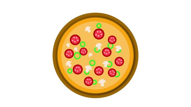 Top view of a whole pizza on a wooden board with a slice moving out and returning on a white background.