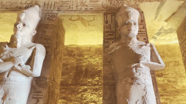Interior decoration and statues in the Abu Simbel temple, a landmark in Nubia built by King Ramesses II, Egypt.