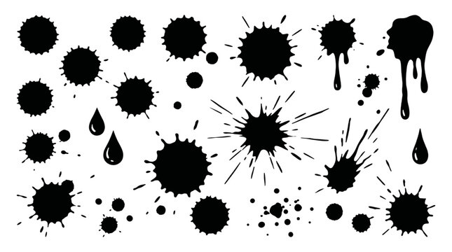 Set of black paint splatters, blots, drops, and drips