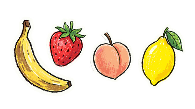 Hand drawn fruit sticker set with crayon texture