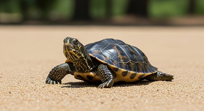 Painted Turtle Walking on Sandy Ground in Natural Habitat.