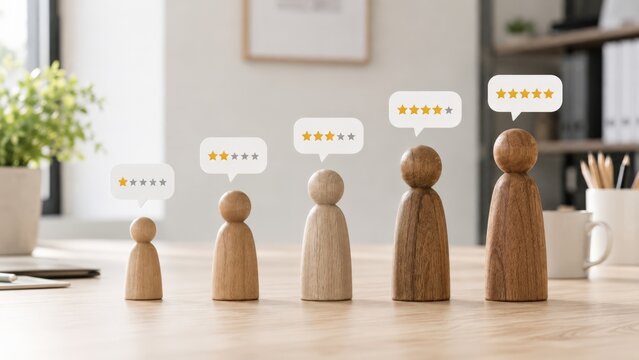 Five wooden figurines representing rating scale on office desk.
