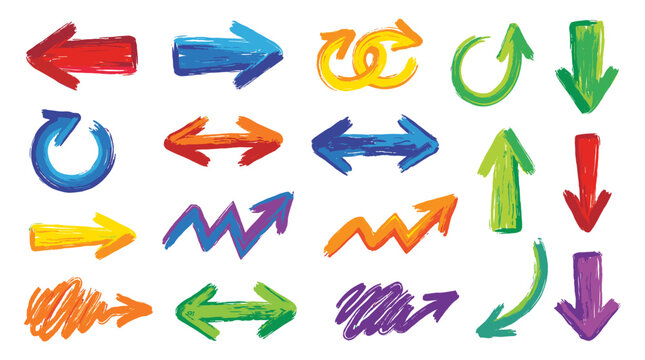 Colorful hand drawn brush arrow set with rough doodle style