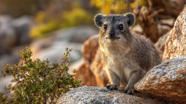 Calm rock hyrax resting among textured stones and sparse shrubs