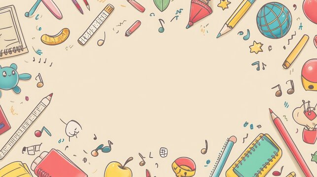 Colorful school supplies frame, pastel background, learning tools