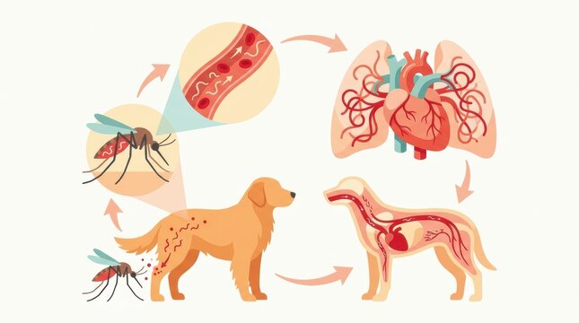 This illustration explains the heartworm lifecycle. It shows how mosquitoes transmit heartworms to dogs and the resulting health effects.