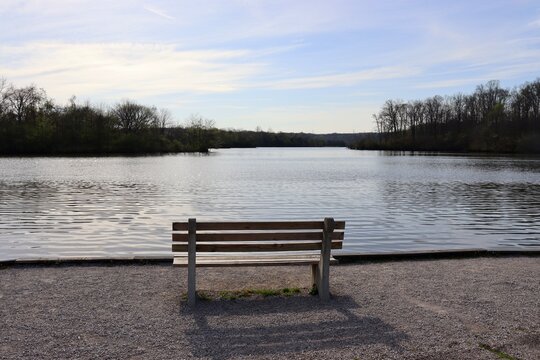 The empty bench at the lake in the park.