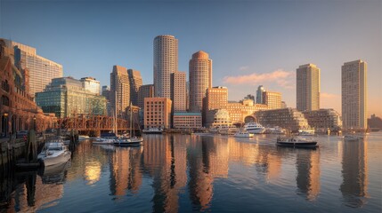Obraz premium Golden hour view of Downtown Boston skyline with financial district towers reflecting on the river