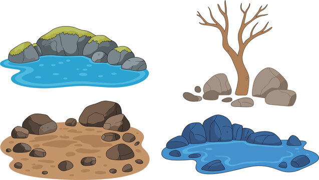 Nature landscape elements collection with ponds rocks and dry tree vector illustration isolated on white background
