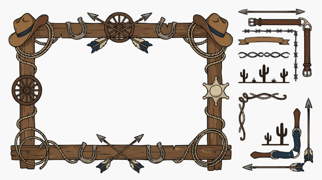 Cowboy theme graphic elements with a rustic wooden frame, lasso, hat, and cactus for western design.
