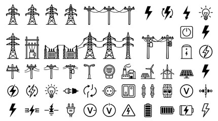 Electricity and power distribution icon set featuring industrial energy transmission black and white vector symbols © B