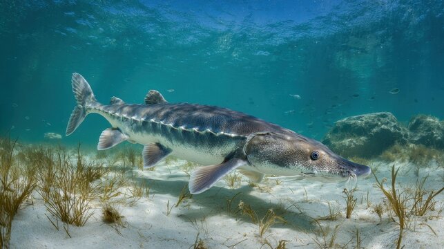 Large armored sturgeon swimming in open water over sandy seabed with seagrass