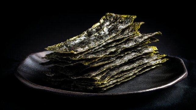 Crispy Seaweed Snack Stacked on Black Plate with Dark Background