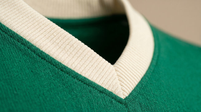 Close-up detail of white ribbed v-neck collar on green soccer jersey mockup