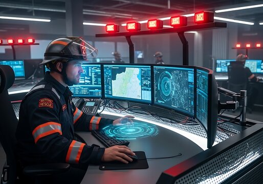 Firefighter monitoring emergency operations in a hightech command center