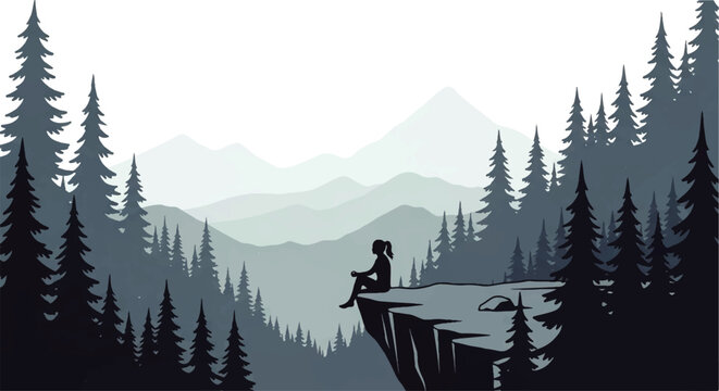 Vector flat design illustration of a lone woman sitting on a cliff edge overlooking a vast mountain landscape with pine