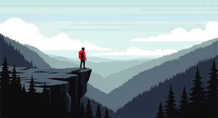 A lone hiker in a red jacket stands on a cliff edge overlooking a vast mountain valley, a vector flat design © DevanAlfaris