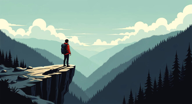 Vector flat design illustration of a lone hiker standing on a cliff edge overlooking a vast mountain range at sunrise
