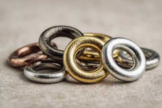Close-up of assorted metal eyelets and grommets in brass, steel, gold-tone, and silver-tone finishes