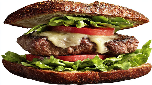 Fresh beef burger with melted cheese and vegetables on multigrain bun, cheeseburger