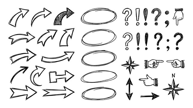 Hand drawn arrows, oval frames, punctuation and pointing hands set