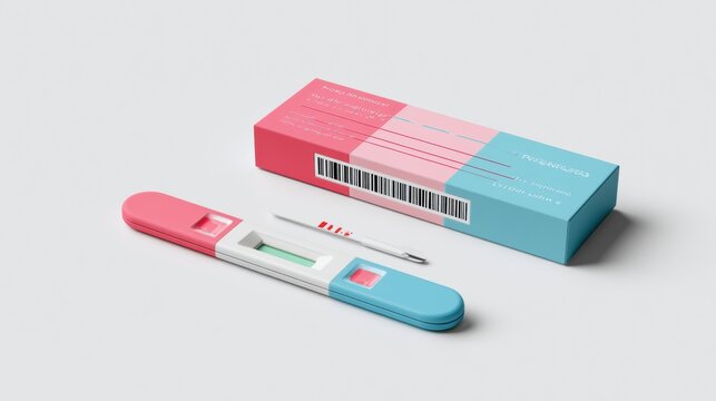A pregnancy test kit is shown with its box and a test stick on a clean white setting with soft lighting. The arrangement highlights the product.