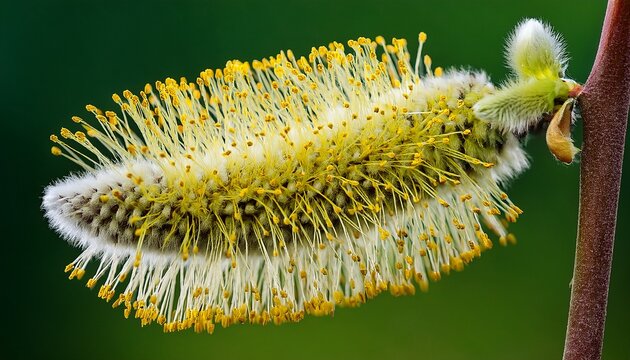 Blooming Goat Willow Catkins Covered With Yellow Pollen Isolated A Green Background Salix Caprea Detailed Spring Botanical Image Highlighting Pollination Early Flowering Trees