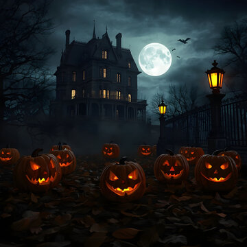 Generative AI illustration of a dark and eerie Halloween night scene with multiple carved glowing pumpkins in the foreground and a haunted mansion under a full moon.