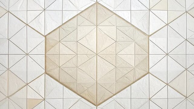 A geometric pattern of white and beige triangular tiles forms a large central hexagon