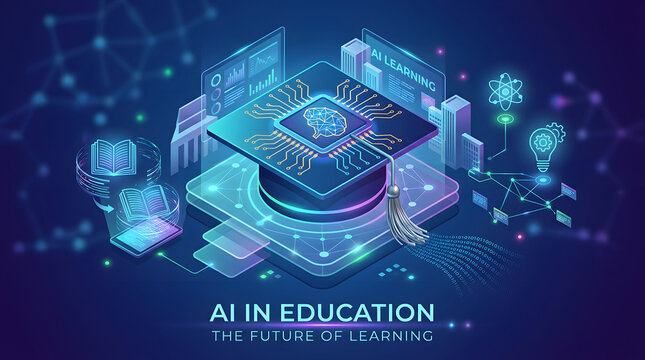 Artificial Intelligence in Education: A futuristic digital illustration showcases a graduation cap with a circuit board design.