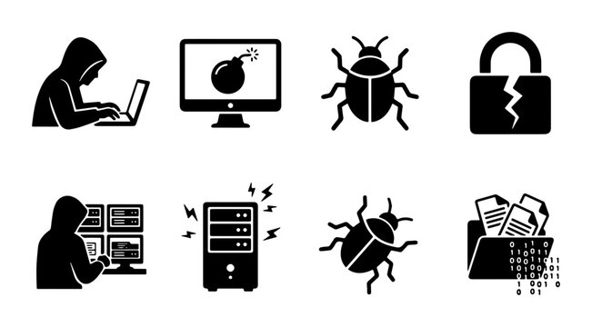 Cybersecurity Icons Set: Hacker, Computer Virus, Server, Data Breach, Lock, Bug, Network Security Vector Graphics