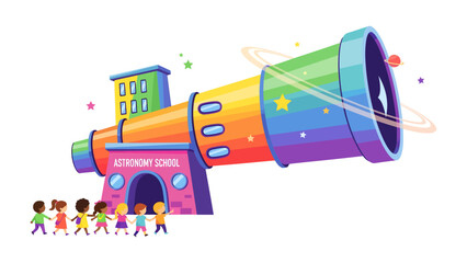 Colorful Telescope of Learning: An imaginative, vibrant telescope painted in rainbow hues, labeled Astronomy School, stands ready to explore the cosmos. © abidakhatun