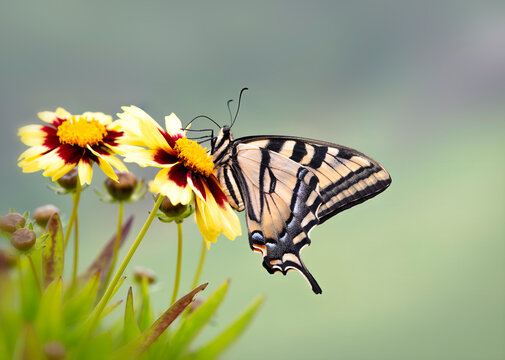 Macro of a western tiger swallowtail (papilio rutulus) feeding on a yellow coreopsis flower - side view on a soft green background