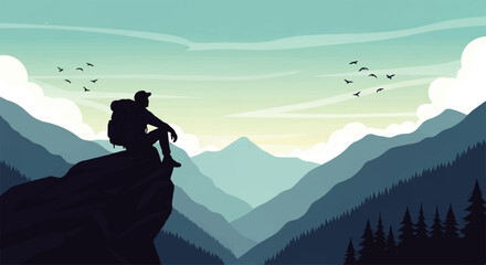 Vector flat design illustration of a lone hiker sitting on a mountain peak, enjoying a serene panoramic view of layered © DevanAlfaris