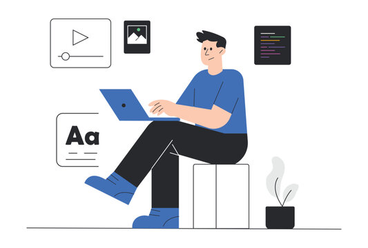Male Graphic Designer Working on Laptop Creator Managing Digital Content Media and Design Concept