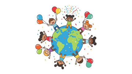 Naklejka premium Children of the World: A vibrant illustration depicts diverse children from around the globe, holding balloons and celebrating joyfully on the Earth, surrounded by confetti.