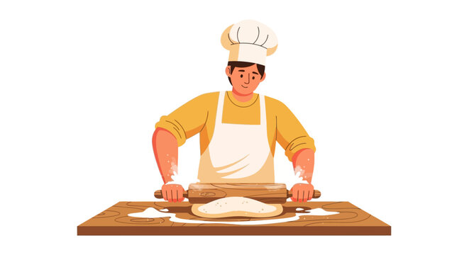 Baker skillfully rolling dough with a wooden rolling pin.
