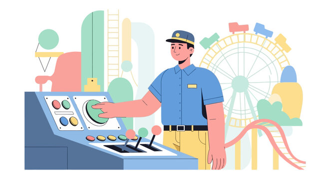 Amusement park operator controls ride from console.