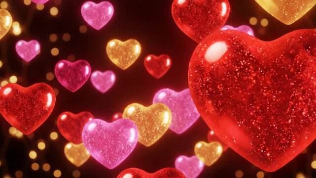 Group of glowing red, pink, and gold translucent hearts with internal glitter texture floating against a dark background with blurred yellow bokeh string lights for Valentine's Day.