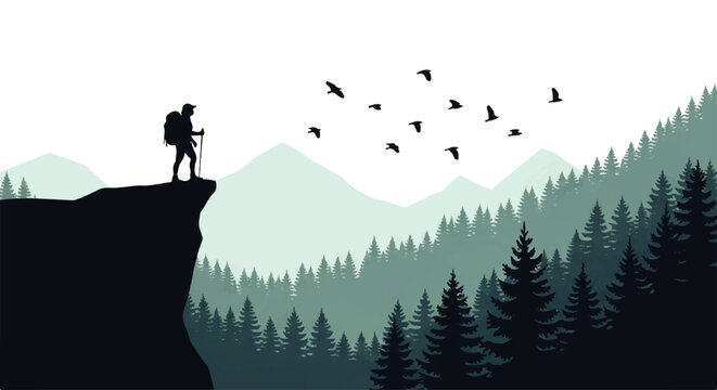 Vector flat design illustration of a lone hiker standing on a cliff edge overlooking a vast mountain forest landscape